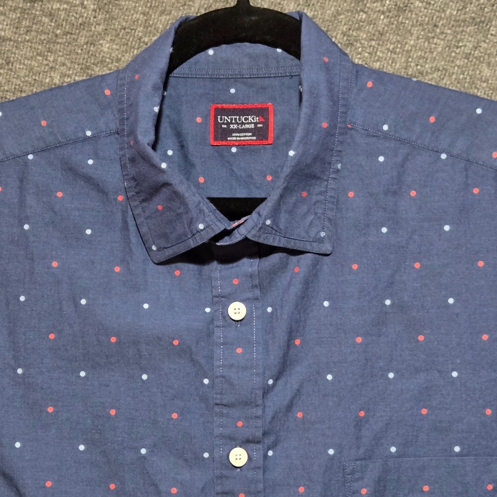 UNTUCKit Mens 2XL Polka Dot Button Up Shirt Navy Blue Red Short Sleeve Cotton